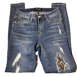 Judy Blue Jeans Women 5/27 Skinny Fit Distressed Snake Print‎ Patches Blue EUC